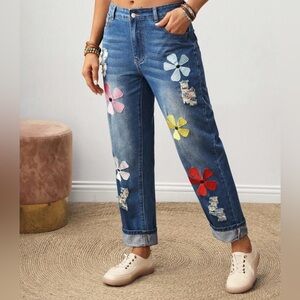 Floral Embroidered Blue Jeans